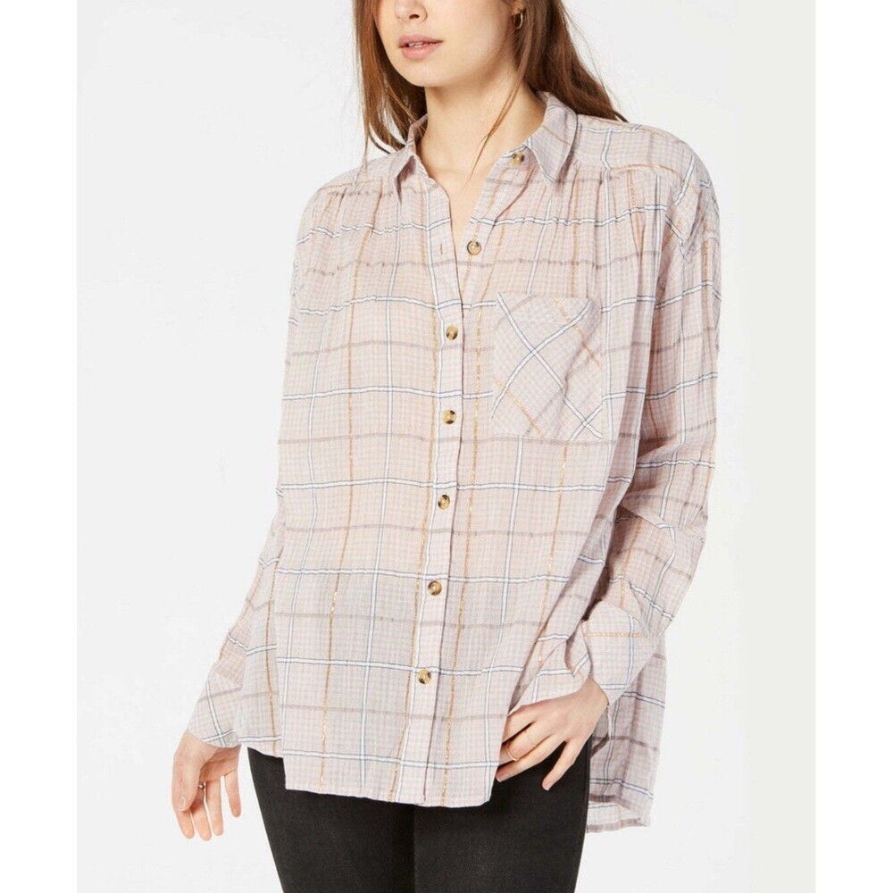 Free People Pink  Plaid Long Sleeve Shirt Sz M Break My Stride Metallic Tunic